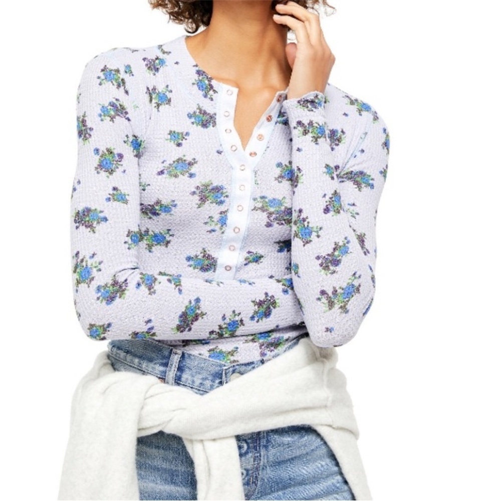 Free People Floral Thermal Snap Henley | Waffle Knit Long Sleeve Top | XS